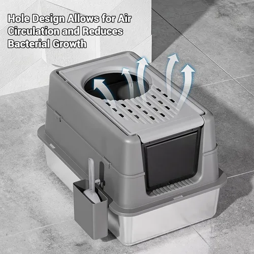 Miniatura 5 de Caja de arena para gatos de acero inoxidable con tapa, caja de arena de metal cubierta cerrada con tapa abatible de 180°, caja para gatos de alta