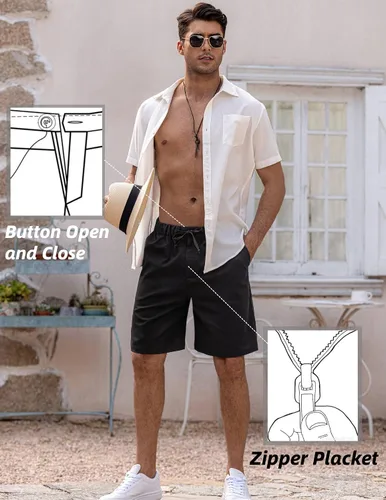 Miniatura 2 de COOFANDY Pantalones cortos de lino para hombre con cintura elástica y cordón para playa