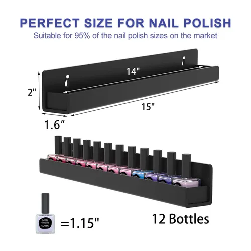 Miniatura 3 de FEMELI Estante de pared para esmalte de uñas: 6 estantes de 15 pulgadas, organizador de esmalte de uñas acrílico para 66-90 botellas, estantes Negro