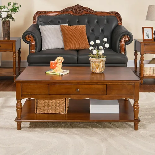 Miniatura 10 de Mesa de centro de madera maciza con estante de almacenamiento, mesa de centro rectangular moderna de mediados de siglo para sala de estar, mesa