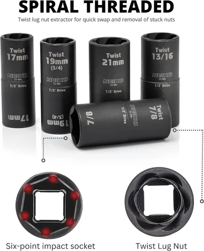 Miniatura 2 de NEIKO 02281B Juego de llaves de vaso de impacto de 1/2 pulgada 4 piezas SAE y MM Barra de extensión de 3 pulgadas Acero Cr-Mo Servicio