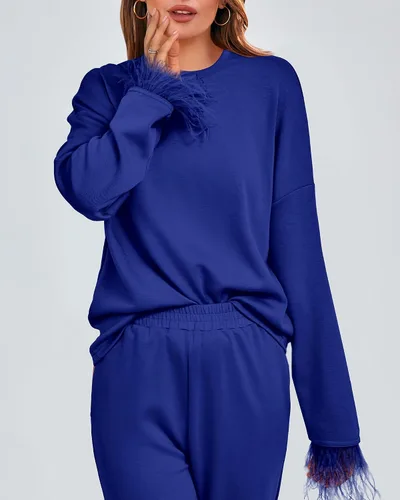 Miniatura 4 de BTFBM Women Two Piece Outfits 2023 Feather Trim Loose Long Sleeve Pullover Leg Pants Casual Sweatsuit Tracksuits Sets