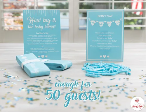 Miniatura 4 de Party Hearty Juegos Divertidos de Baby Shower para Niño, Juego de 2: ¿Qué Tan Grande Está la Pancita? y No Digas Bebé, Azul Azul - Combo Tm y Dsb