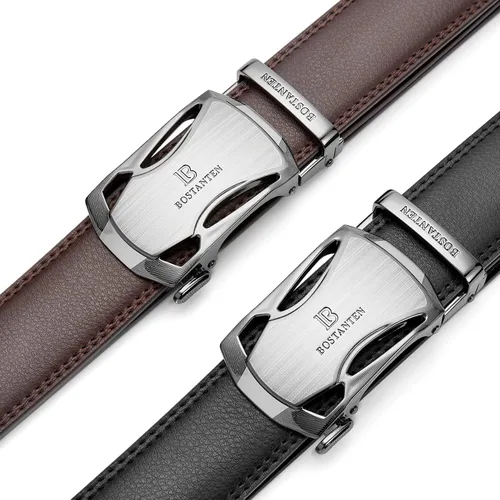 Miniatura 4 de BOSTANTEN Cinturones de vestir de trinquete para hombre, 2 paquetes, cinturones de cuero genuino para hombres con litera deslizante de clic, recorte