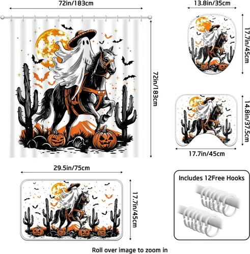 Miniatura 3 de Ticuenicoa Juego de 4 cortinas de ducha de Halloween con diseño de jinete fantasma, incluye cortina de ducha de 72 x 72 pulgadas, alfombras de baño