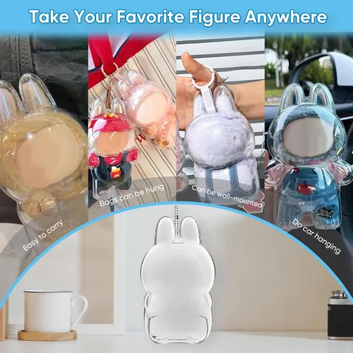 Miniatura 5 de Funda protectora para figura sentada Labubu – Caja de almacenamiento portátil de PVC transparente con llavero, resistente al polvo y a los arañazos