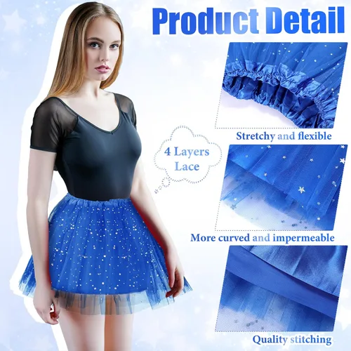 Miniatura 3 de Foaincore 9 piezas de falda tutú para mujer, 4 capas de tul con estrellas, lentejuelas, vestido de ballet para niñas, falda de lentejuelas