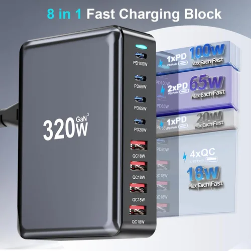 Miniatura 3 de 320W Bloque de Cargador USB C, Estación de Carga Rápida de 8 Puertos USB Hub PD 100W GaN Ⅲ Estación de Carga Pro para Múltiples Dispositivos