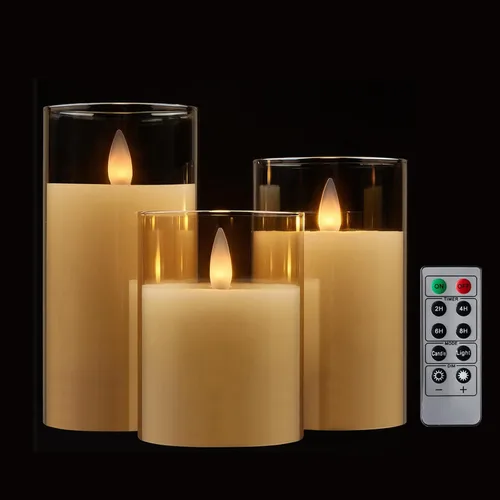 Velas de pilar sin llama de vidrio parpadeantes con temporizador remoto, velas LED de cera real con llama en movimiento 3D operadas por batería,