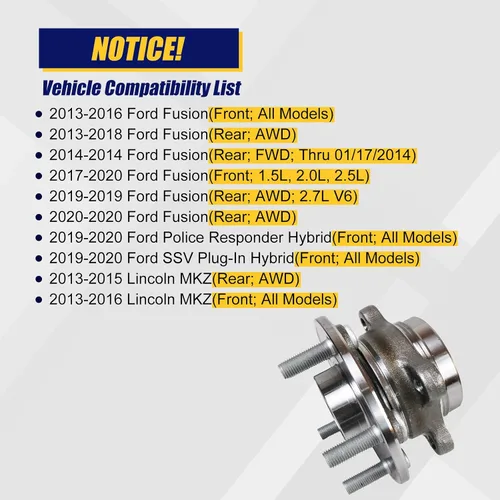 Miniatura 2 de KUSATEC 512498 Conjunto de cubo de rodamiento de rueda delantera/trasera para Ford Fusion 2013-2020; Ford Police Responder Hybrid/SSV Plug-In Hybrid