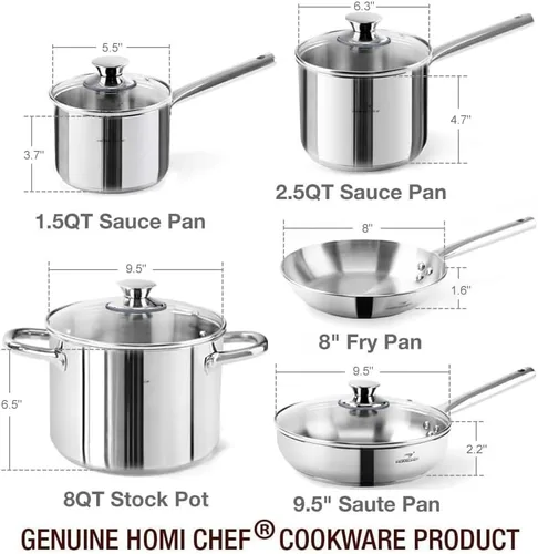 Miniatura 7 de HOMICHEF Juego de utensilios de cocina de acero inoxidable sin níquel de 14 piezas, juego de ollas y sartenes sin níquel, utensilios de cocina
