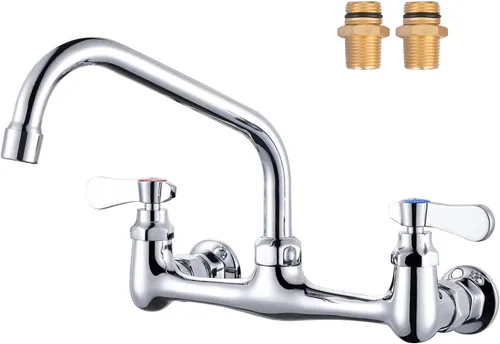 Miniatura 11 de Grifo de fregadero comercial con boquilla giratoria de cuello de cisne de 6 pulgadas, grifo de cocina de montaje en pared central de 8 pulgadas