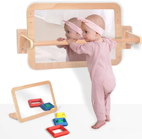 Miniatura 10 de Montessori Baby Espejo de seguridad inastillable 2 en 1 con barra de dominadas, montaje en pared infantil y juego en el suelo para el tiempo boca