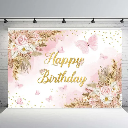 MEHOFOND Telón de fondo bohemio de feliz cumpleaños de 7 x 5 pies para niñas, color rosa rubor, floral, bohemio, hierba de pampas, pasteles,