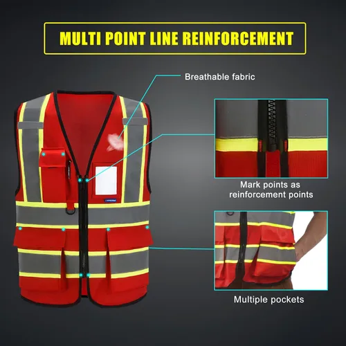Miniatura 4 de AYKRM 11 color alta visibilidad reflectante chaleco de seguridad para mujeres hombres bolsillo cremallera ANSI/ISEA estándar Rojo