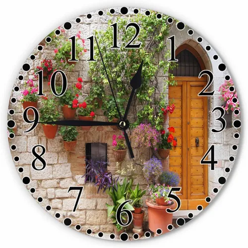 Italian Hill Town of Assisi - Reloj de pared de 10 pulgadas, funciona con pilas, flores coloridas fuera de un hogar, reloj moderno silencioso sin