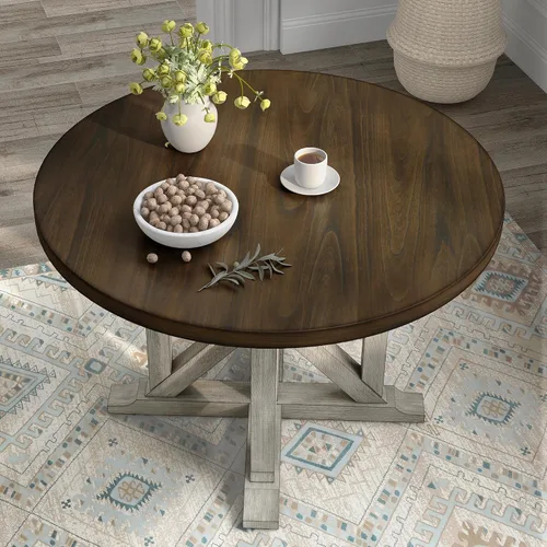 Miniatura 5 de 24/7 Shop at Home Carys Farmhouse - Mesa redonda de madera de 47 pulgadas con base de pedestal para comedor, cocina, restaurante, roble marrón