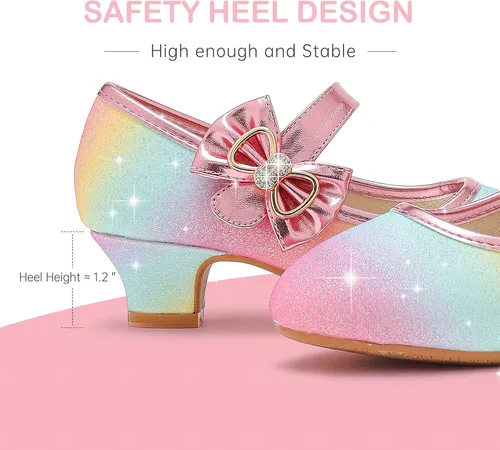 Miniatura 6 de Dufannie Zapatos de vestir para niñas, zapatos de tacón bajo de princesa, zapatos planos con purpurina para bodas y fiestas