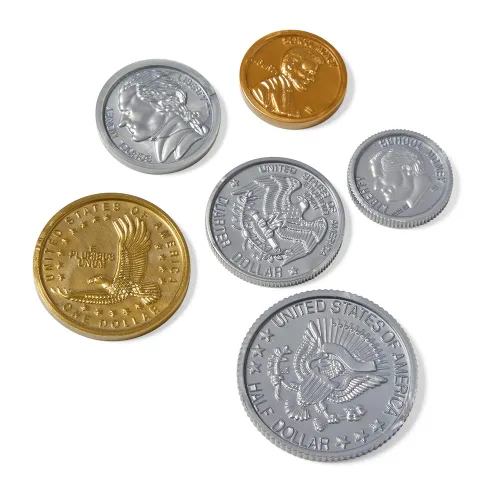 Miniatura 3 de hand2mind Juego surtido de monedas de dinero falsas, monedas falsas detalladas, dinero de utilería, dinero de juguete, dinero de juego para niños