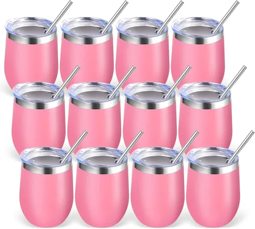Volhoply - Juego de 12 vasos de vino de 12 onzas con tapa, hechos de acero inoxidable con aislamiento al vacío de doble pared, vasos de vino sin Rosa