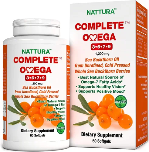 Nattura Complete Omega 3-6-7-9, aceite de espino cerval de mar puro, calidad europea, de bayas silvestres de espino cerval de mar entero prensadas
