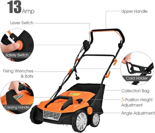 Miniatura 6 de Goplus Desbrozador y escarificador de césped 2 en 1, desbrozadora ajustable de 3 niveles de profundidad con bolsa de recolección de 11 galones y 2