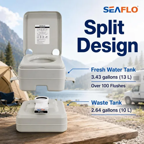Miniatura 6 de SEAFLO Premium Camping Portable Toilet - 5.8 Gallon Waste 3.43 Gall Fresh Tank (100 Flushes), 440 lbs Max Weight, Level Indicator, Sealed Waste Tank