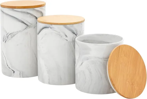 Farmlyn Creek Juego de tarros de cerámica, tapas de madera herméticas para tarros de encimera de cocina, recipientes de cerámica de mármol blanco