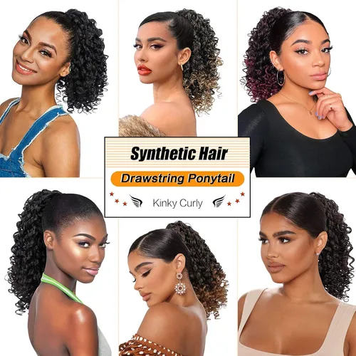 Miniatura 6 de PEACOCO Extensión de cola de caballo rizada con cordón para mujeres negras - Cola de caballo de 6 pulgadas con clip, postizo sintético de afro corto