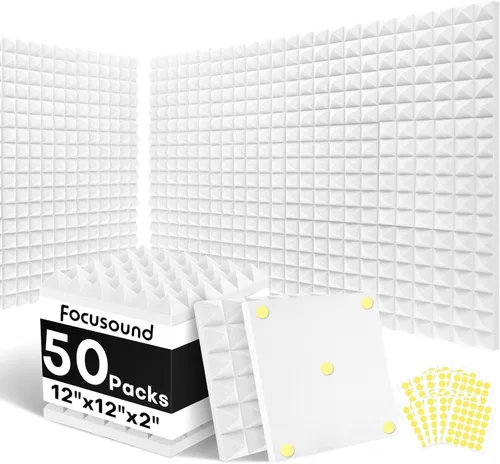 Miniatura 13 de Focusound Paneles acústicos, paquete de 24 unidades de 2 x 12 x 12 pulgadas con 120 adhesivos de doble cara, espuma piramidal a prueba de sonido
