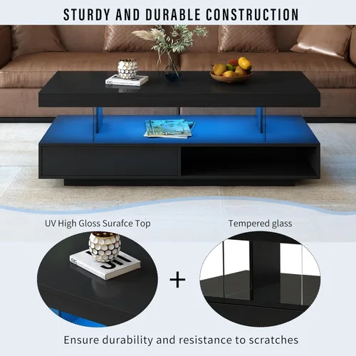 Miniatura 5 de Modern LED Coffee Table, Living Room Table with 16 Colors LED Lights, Double-Layer Center Table with Storage, Accent Furniture for Living Room, Black