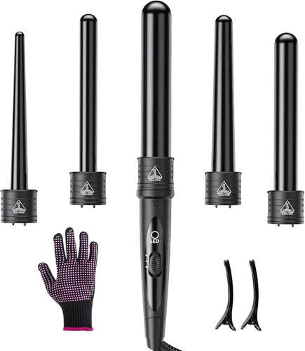 Juego de rizadores 5 en 1, rizador intercambiable de cerámica (0.35-1.25 pulgadas), kit de rizador de pelo térmico con guante protector y 2 clips