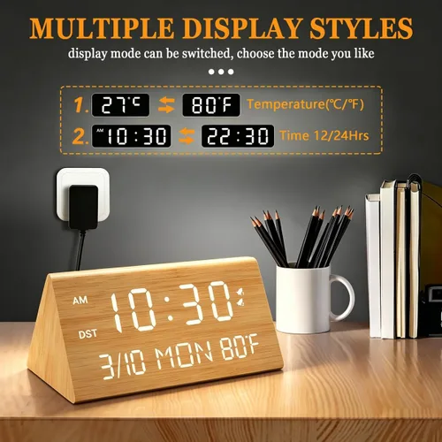 Miniatura 7 de Kogonee Reloj despertador digital de madera, atenuación 0-100%, 2 configuraciones de alarma, modo todos los días/fin de semana, repetición de 9