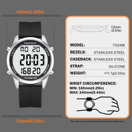 Miniatura 6 de Reloj podómetro para caminar para personas mayores, sin aplicación necesaria, con contador de pasos y calorías y LCD con números grandes Negro