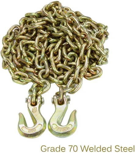 Miniatura 2 de TYFYB 2 cadenas de carpeta de grado 70 resistentes de 3/8 pulgadas y 20 pies, cadena de remolque de amarre chapada en zinc amarillo, con ganchos