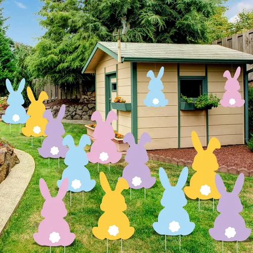 Miniatura 6 de Beeveer 12 letreros de Pascua con estacas para patio al aire libre, conejo, césped, coloridos conejos, decoración de estacas de jardín