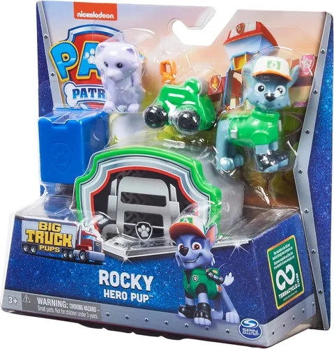 Miniatura 9 de PAW Patrol Big Truck Pups - Figura de acción Rocky con dron de rescate con plataforma central de comando de montaje en clic y amigo animal