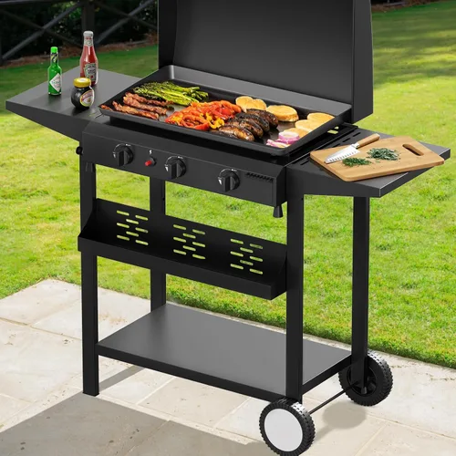 Miniatura 6 de SKOK Parrilla de gas de 3 quemadores con campana, parrilla de propano para exteriores de 25.6 pulgadas, parrilla de gas portátil con parte superior