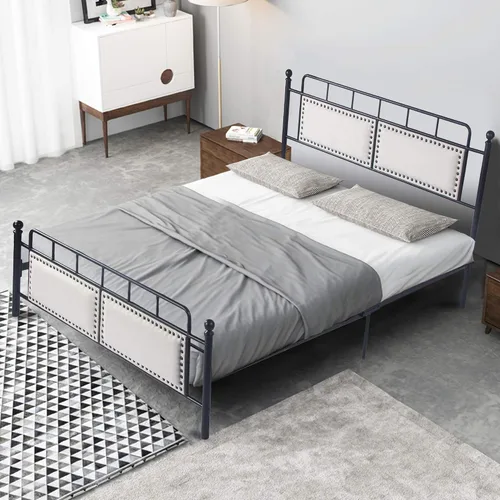 Miniatura 8 de LUCKYERMORE Marco de cama de plataforma tamaño Queen, marco de cama Queen tapizado de 11 pulgadas con cabecero de listones de madera, marco de metal