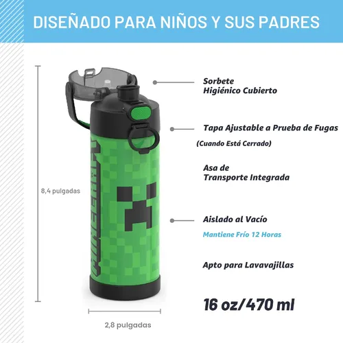Miniatura 2 de THERMOS FUNTAINER Botella aislada al vacío de acero inoxidable de 16 onzas con tapa ancha de canalón, MINECRAFT
