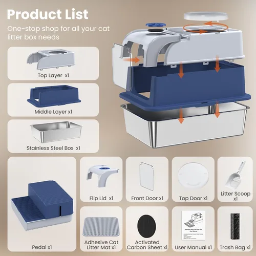 Miniatura 9 de Caja de arena cerrada extragrande, 3 en 1 convertible de acero inoxidable de alta cara con tapa, diseño de pedales de almacenamiento dual, inodoro