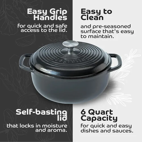 Miniatura 6 de Segretto Cookware Horno Holandés de Hierro Fundido Esmaltado, 6 Cuartos, Negro negro (Nero)