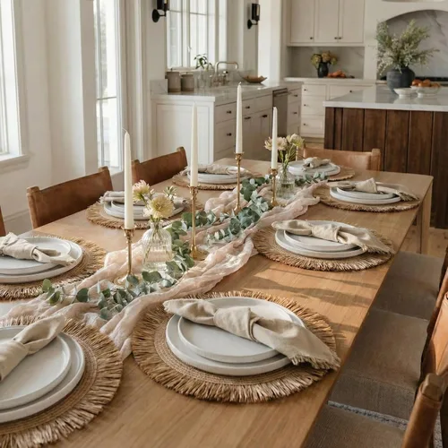 Miniatura 2 de Juego de 6 manteles individuales decorativos bohemios con servilletas con textura de lino a juego - Hermosa decoración natural que realza tu comedor