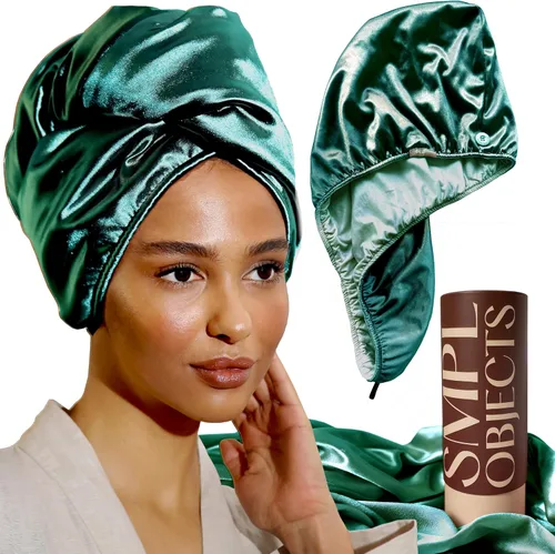 Toalla de satén para el cabello, toalla turbante de doble capa para mujer, toalla de secado de cabello satinado para cabello rizado (azul)