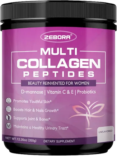 ZEBORA Polvo de péptidos de colágeno múltiple para mujeres, péptidos de colágeno hidrolizados con D-manosa y probióticos para mujeres, apoya la