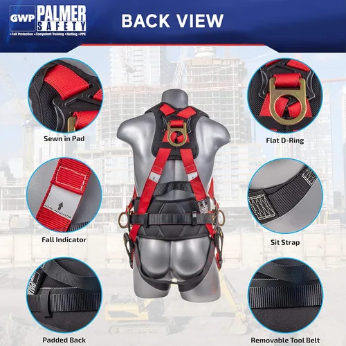 Miniatura 3 de Palmer Safety Kit de protección contra caídas, arnés de seguridad de 5 puntos, cordón de doble pierna de 6 pies, extensor de anillo en D de 18 Rojo