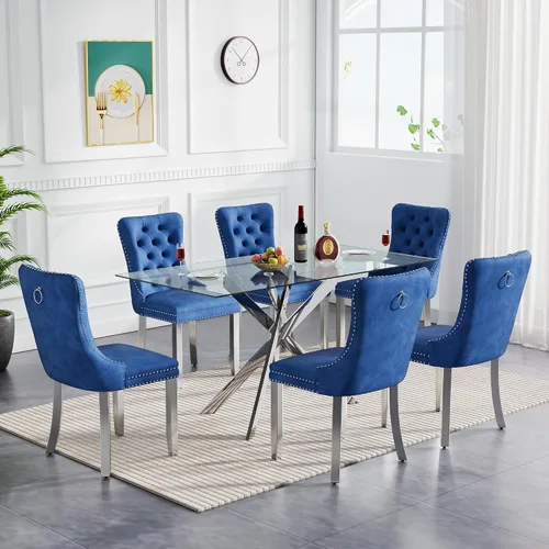 Miniatura 18 de Juego de mesa de comedor de cristal para cocina de 4, 5 piezas, mesa de comedor rectangular de 51 pulgadas con 4 sillas de cocina de terciopelo