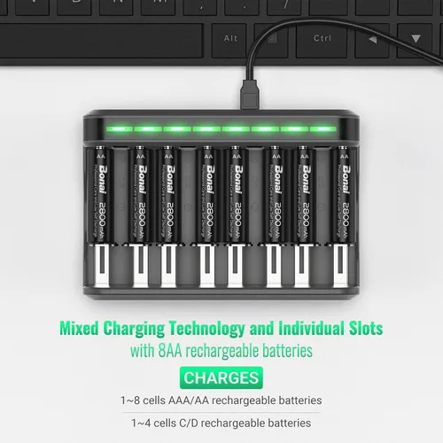Miniatura 2 de BONAI Baterías recargables AA 2800mAh 8pack con cargador inteligente para AA AAA C D NiMH batería