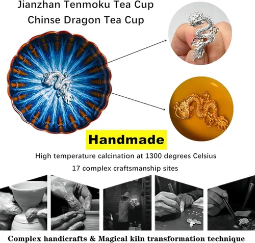 Miniatura 4 de Tenmoku - Juego de 2 tazas de té, taza de té de dragón chino fénix, 4 onzas Kiln Change Glaze, Teaware Jianzhan hecho a mano para oficina en casa