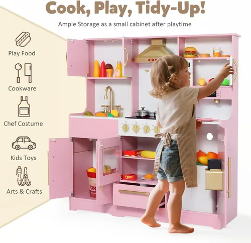 Miniatura 3 de TODEFULL Juego de cocina de madera para niños con sistema de almacenamiento de juguetes, juego de cocina de simulación con campana extractora, Rosa